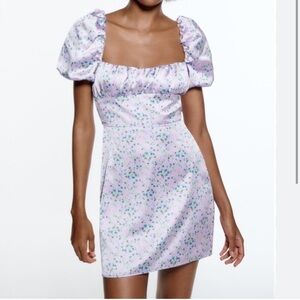 Zara NWT Printed Floral Lace Up Satin Dress Purple
